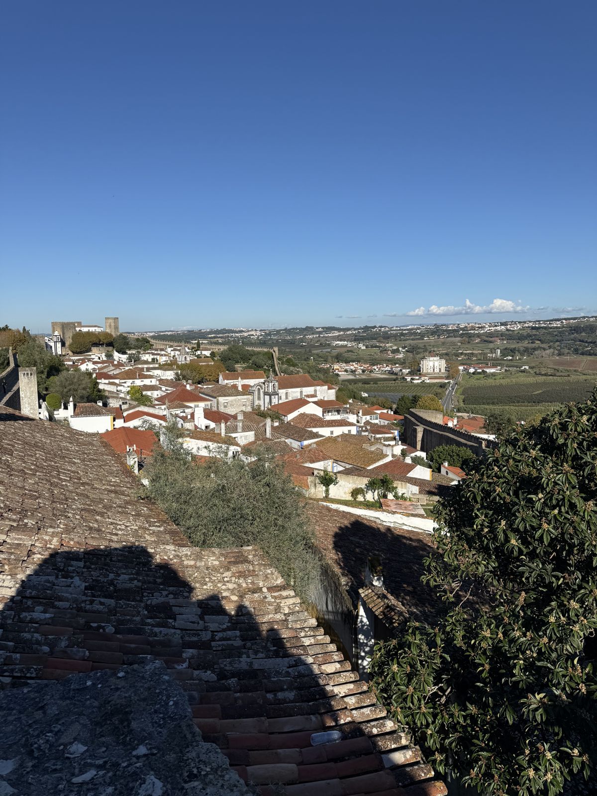 View from the Óbidos ramparts over terracotta roofs and the valley